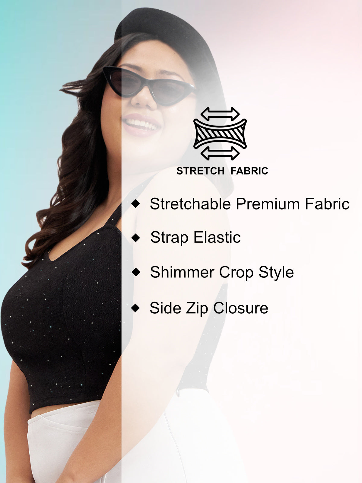 Black Plus Size Glitter Strap Crop Top