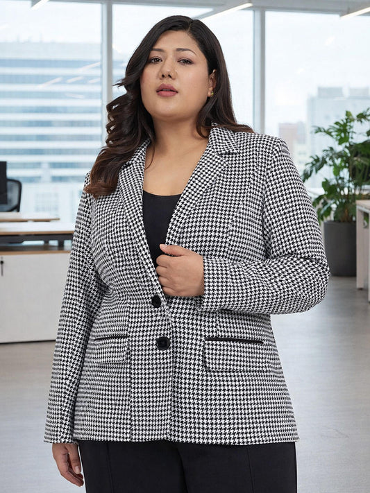 Black White Plus Size Houndstooth Stretch Blazer