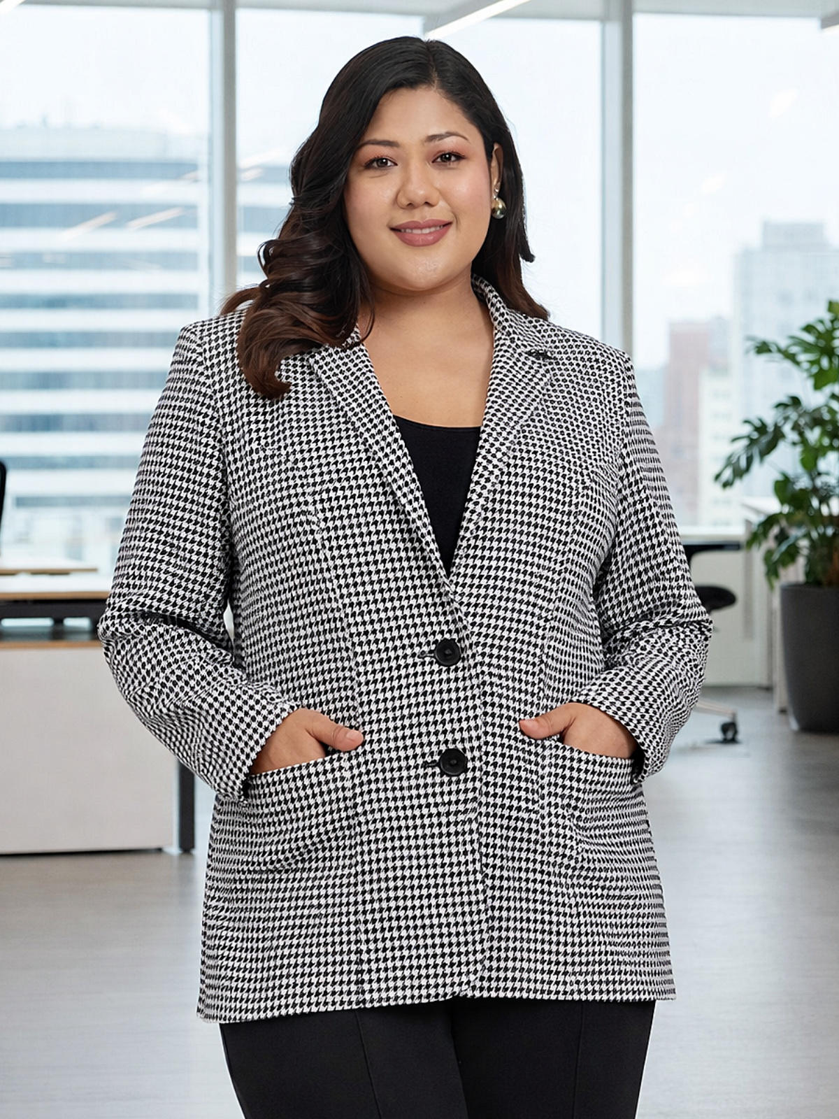 Black White Plus Size Houndstooth Stretch Blazer