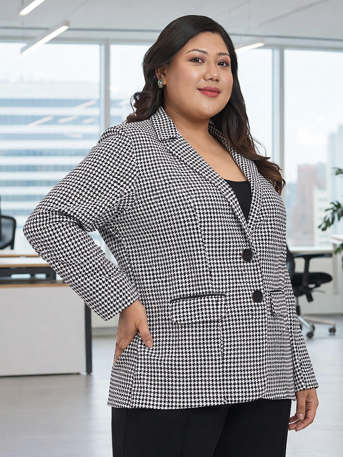 Black White Plus Size Houndstooth Stretch Blazer