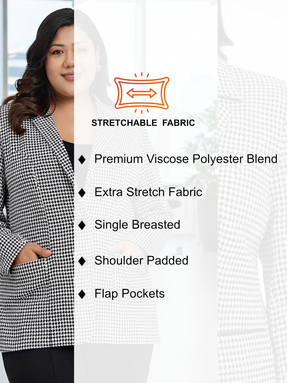 Black White Plus Size Houndstooth Stretch Blazer