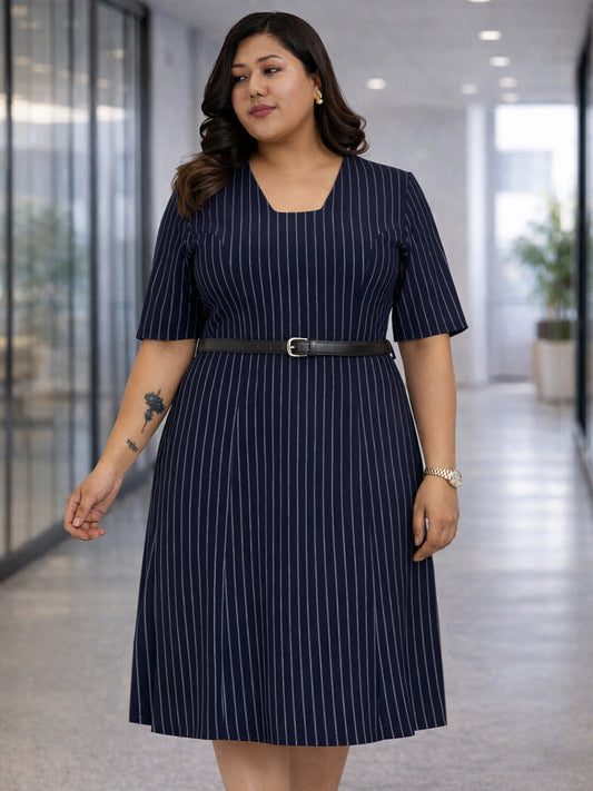 Blue White Stripe Plus Size Formal Dress With Belt