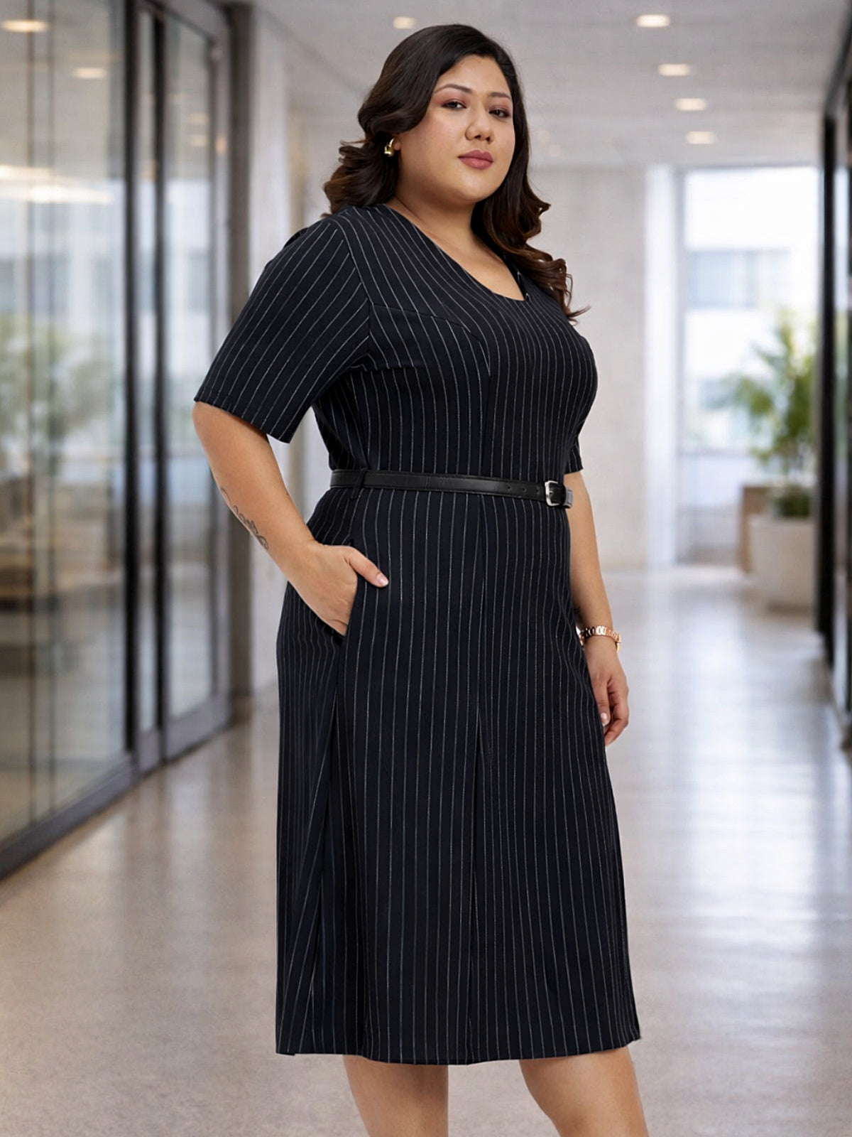 Blue White Stripe Plus Size Formal Dress With Belt