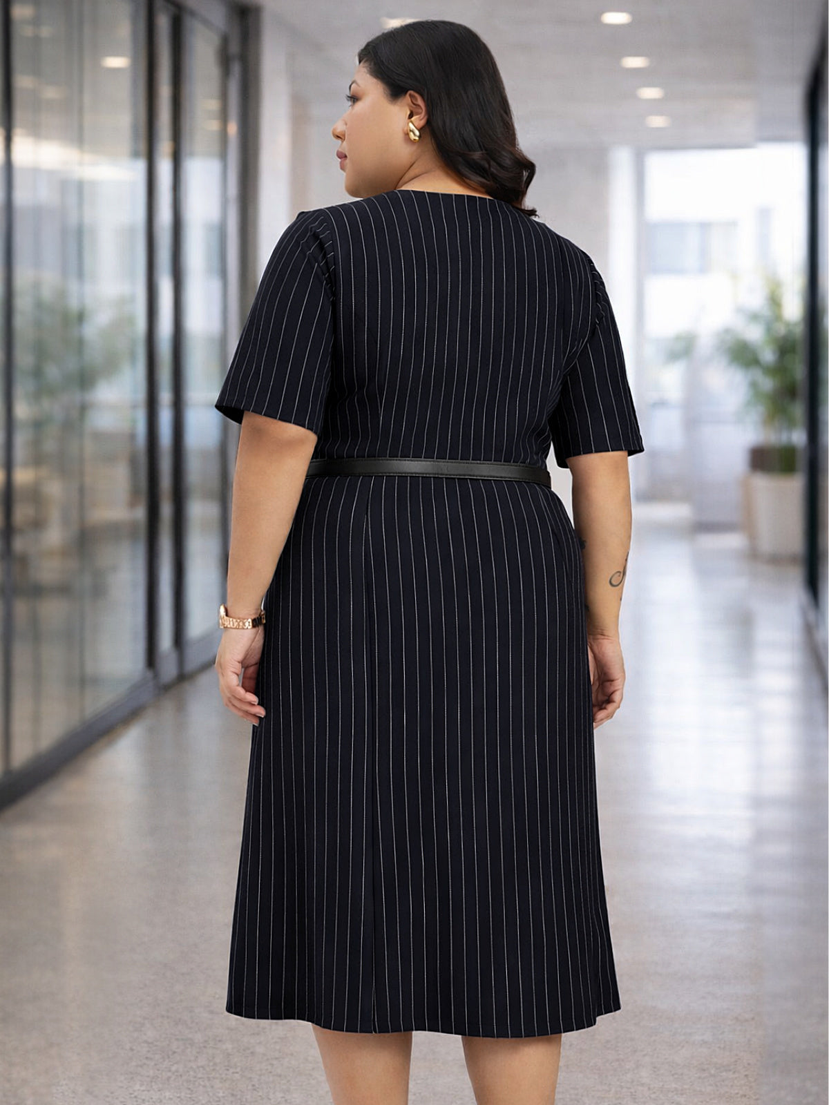 Blue White Stripe Plus Size Formal Dress With Belt