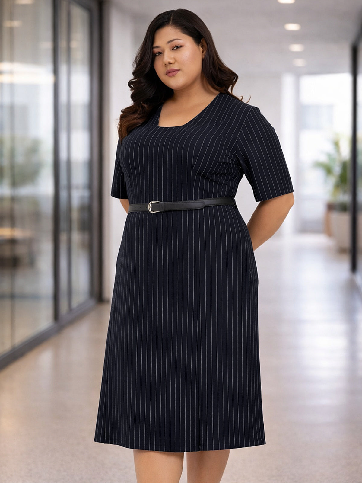 Blue White Stripe Plus Size Formal Dress With Belt