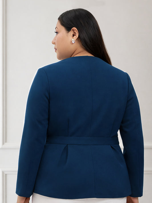 Blue Plus Size Full Sleeve Formal Top With Belt