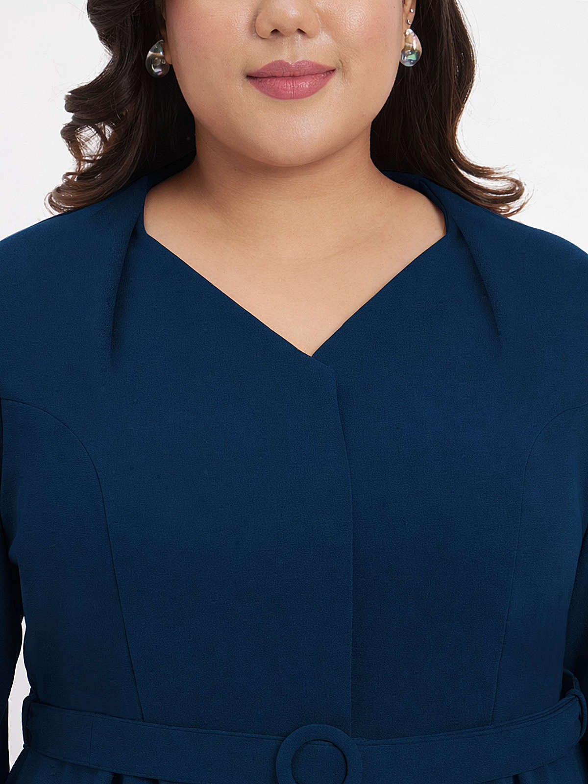 Blue Plus Size Full Sleeve Formal Top With Belt