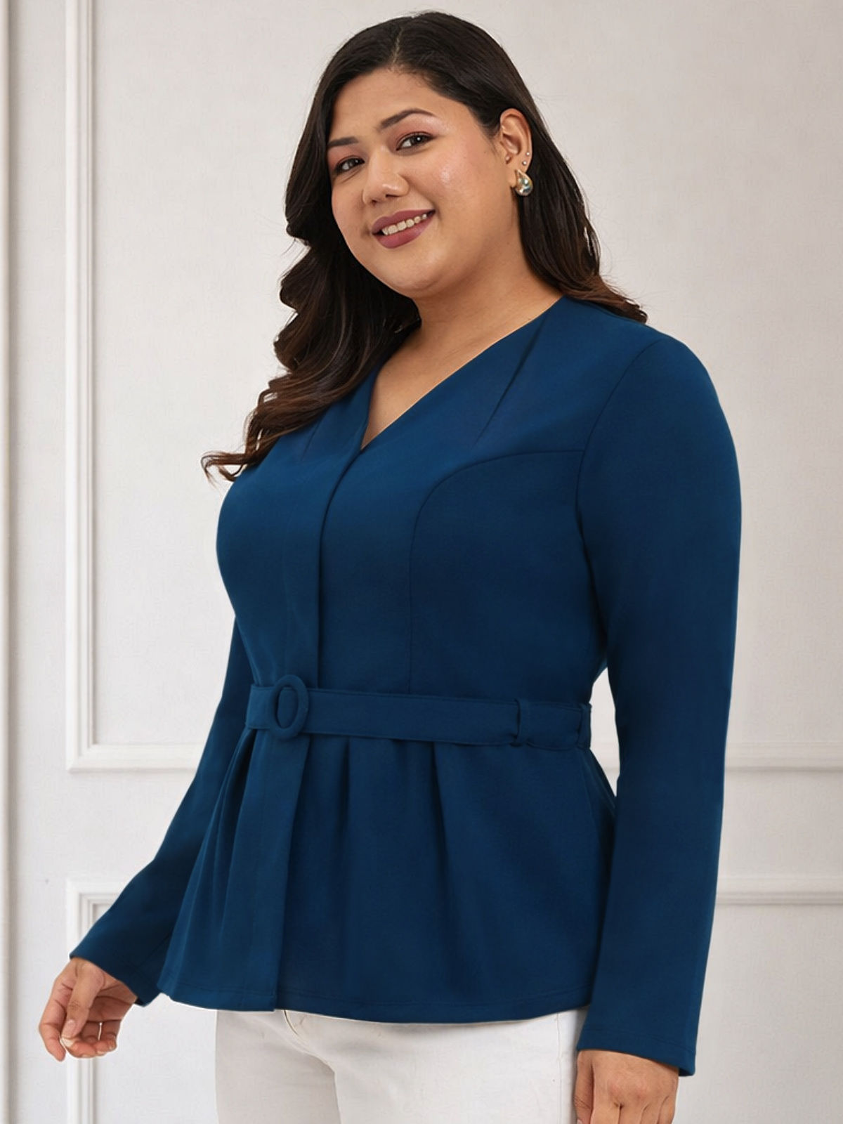 Blue Plus Size Full Sleeve Formal Top With Belt