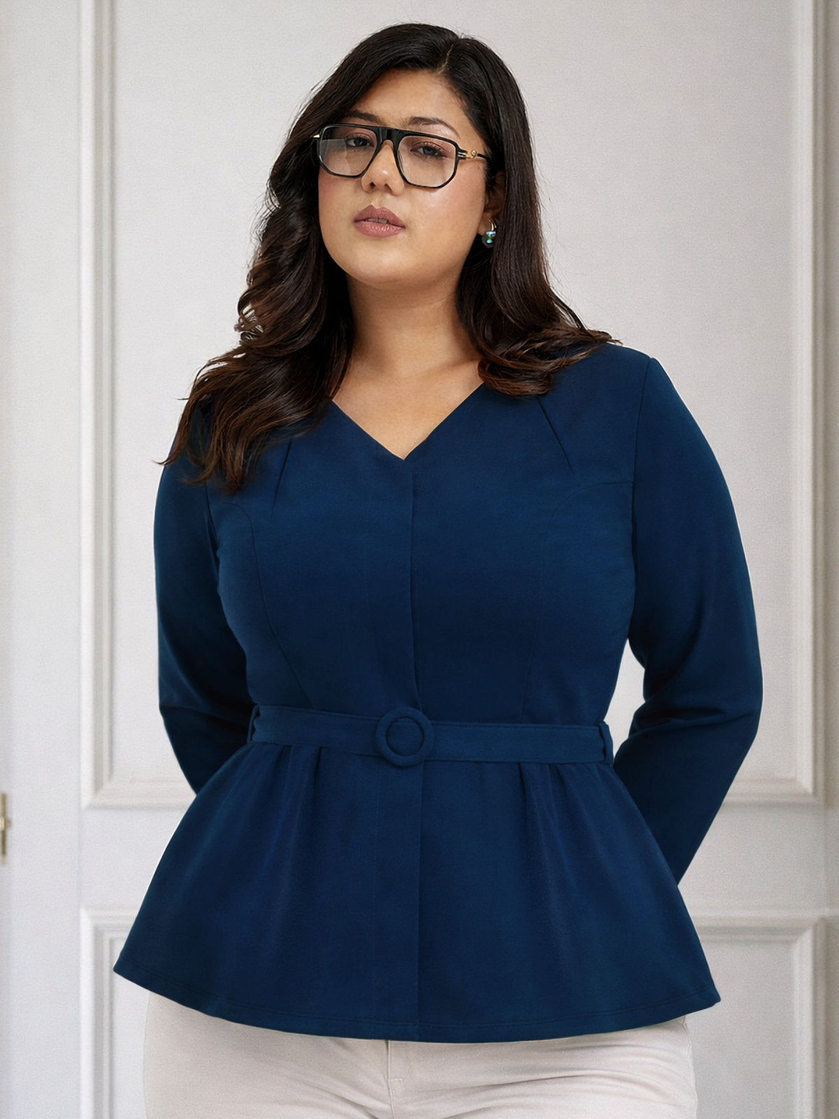 Blue Plus Size Full Sleeve Formal Top With Belt