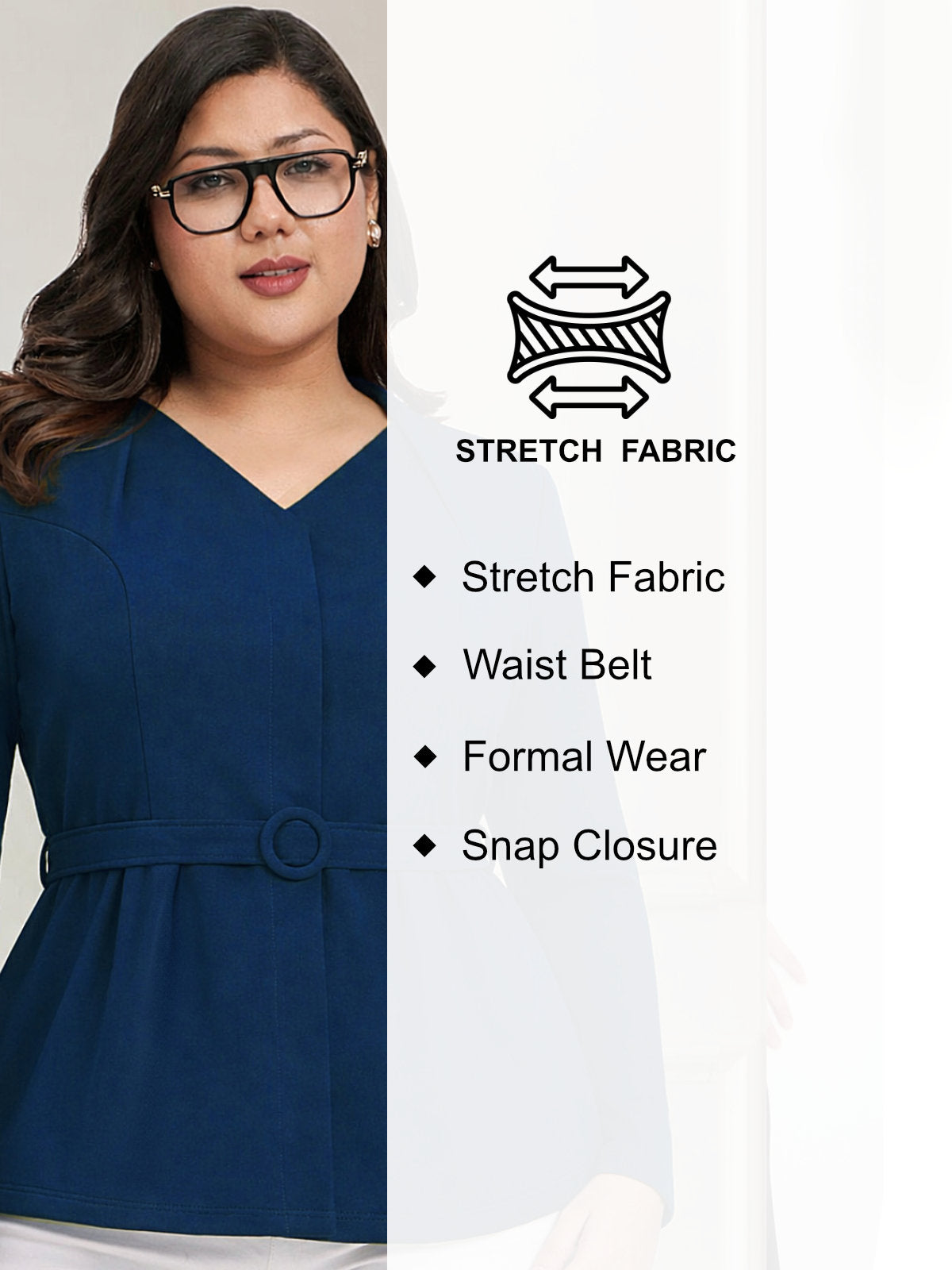 Blue Plus Size Full Sleeve Formal Top With Belt