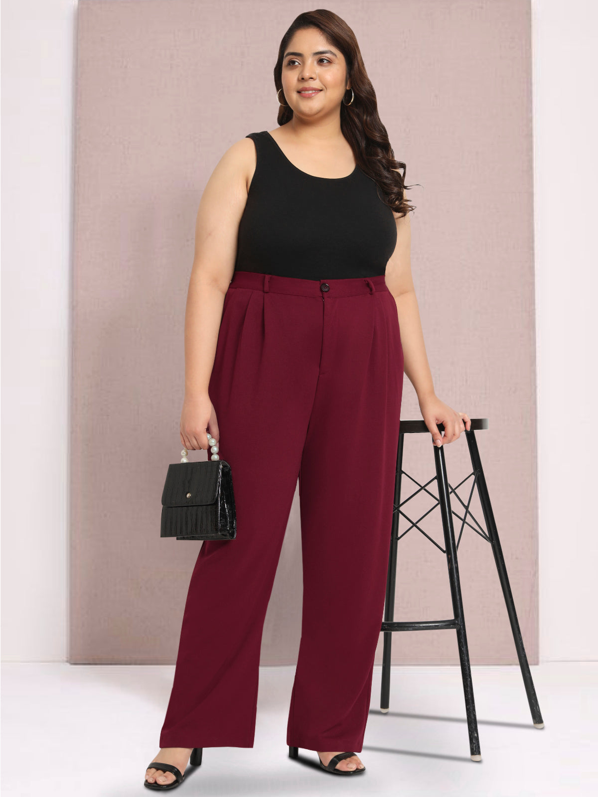 Maroon Plus Size Wide Leg Stretch Trouser
