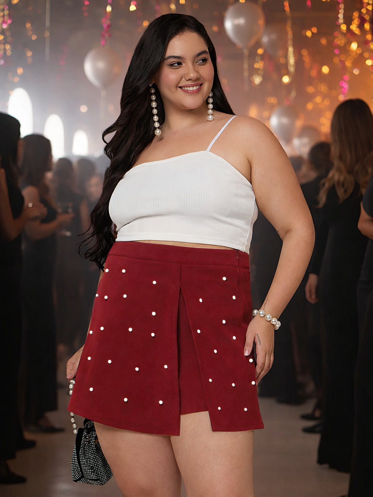 Red Plus Size White Pearl Skort