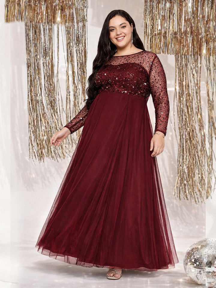 Maroon Plus Size Net Embroidery Gown