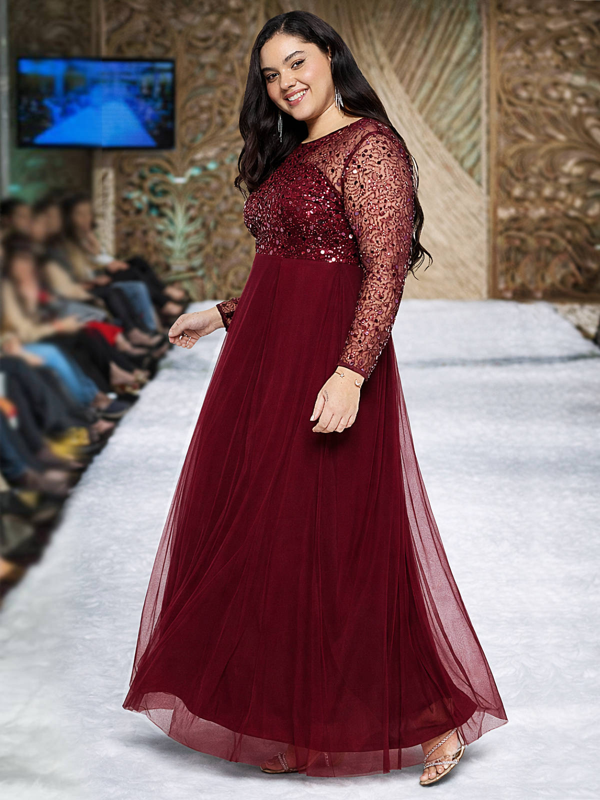Maroon Plus Size Net Embroidery Gown