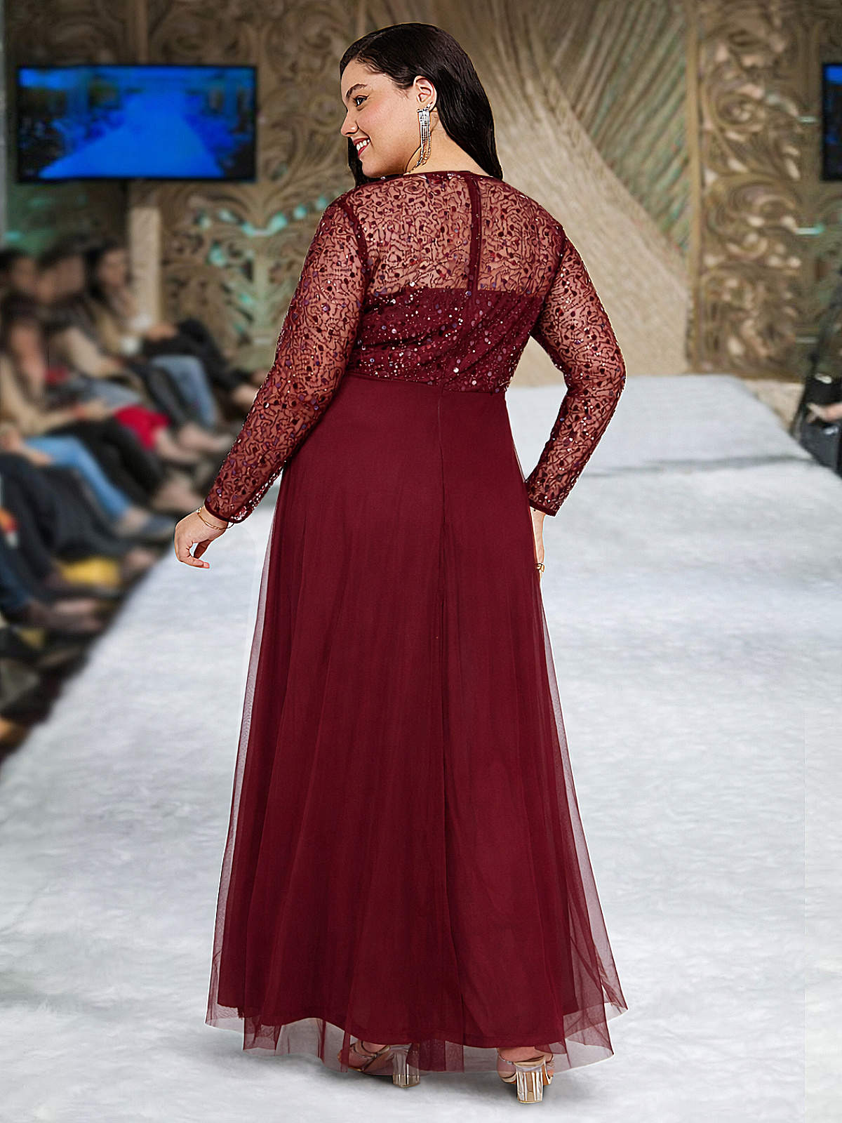 Maroon Plus Size Net Embroidery Gown