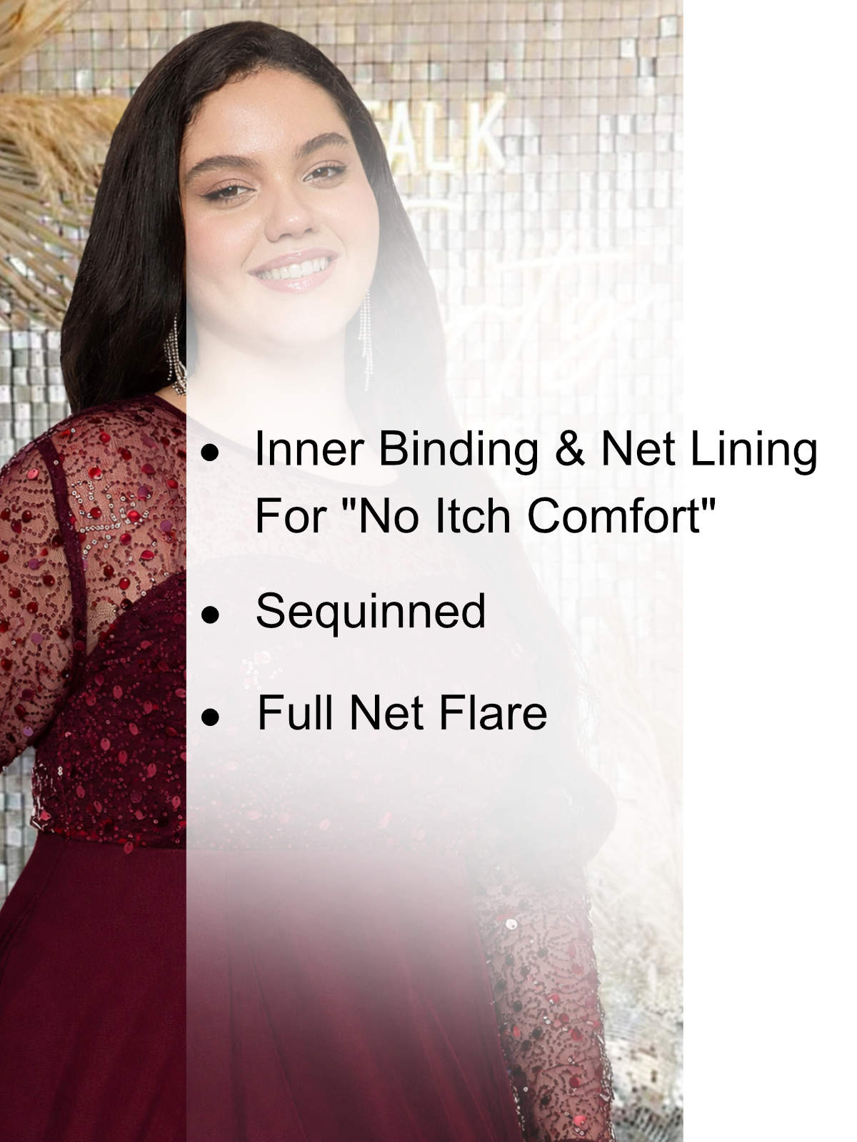 Maroon Plus Size Net Embroidery Gown