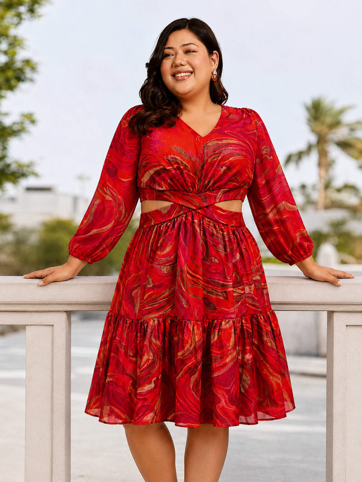 Red Plus Size Waist Cutout Dress