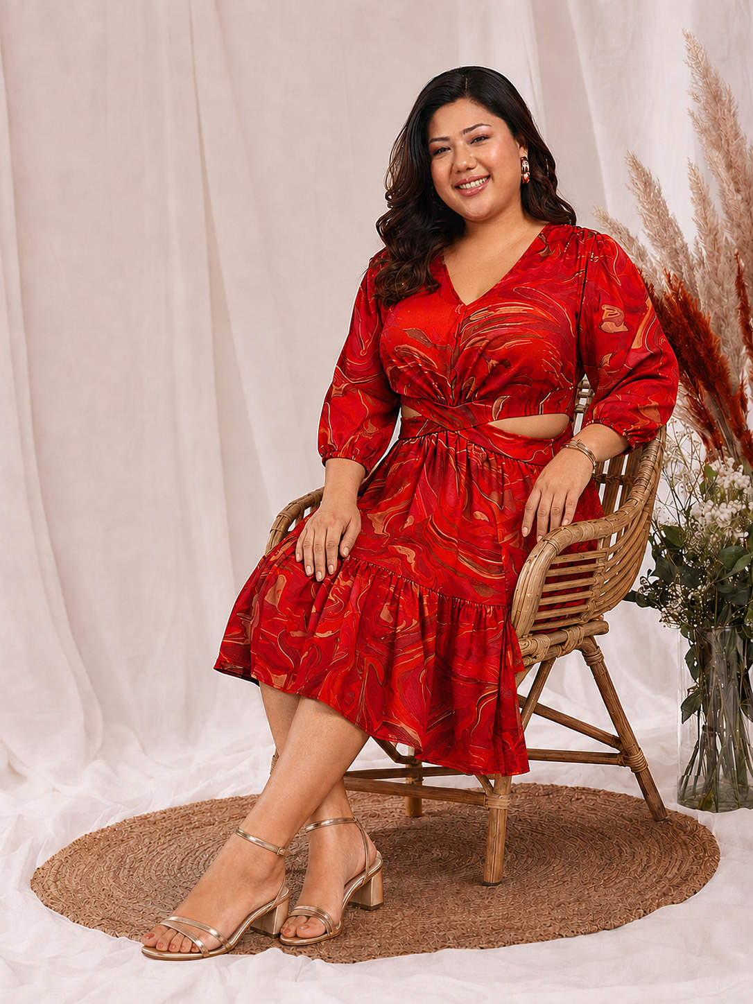 Red Plus Size Waist Cutout Dress