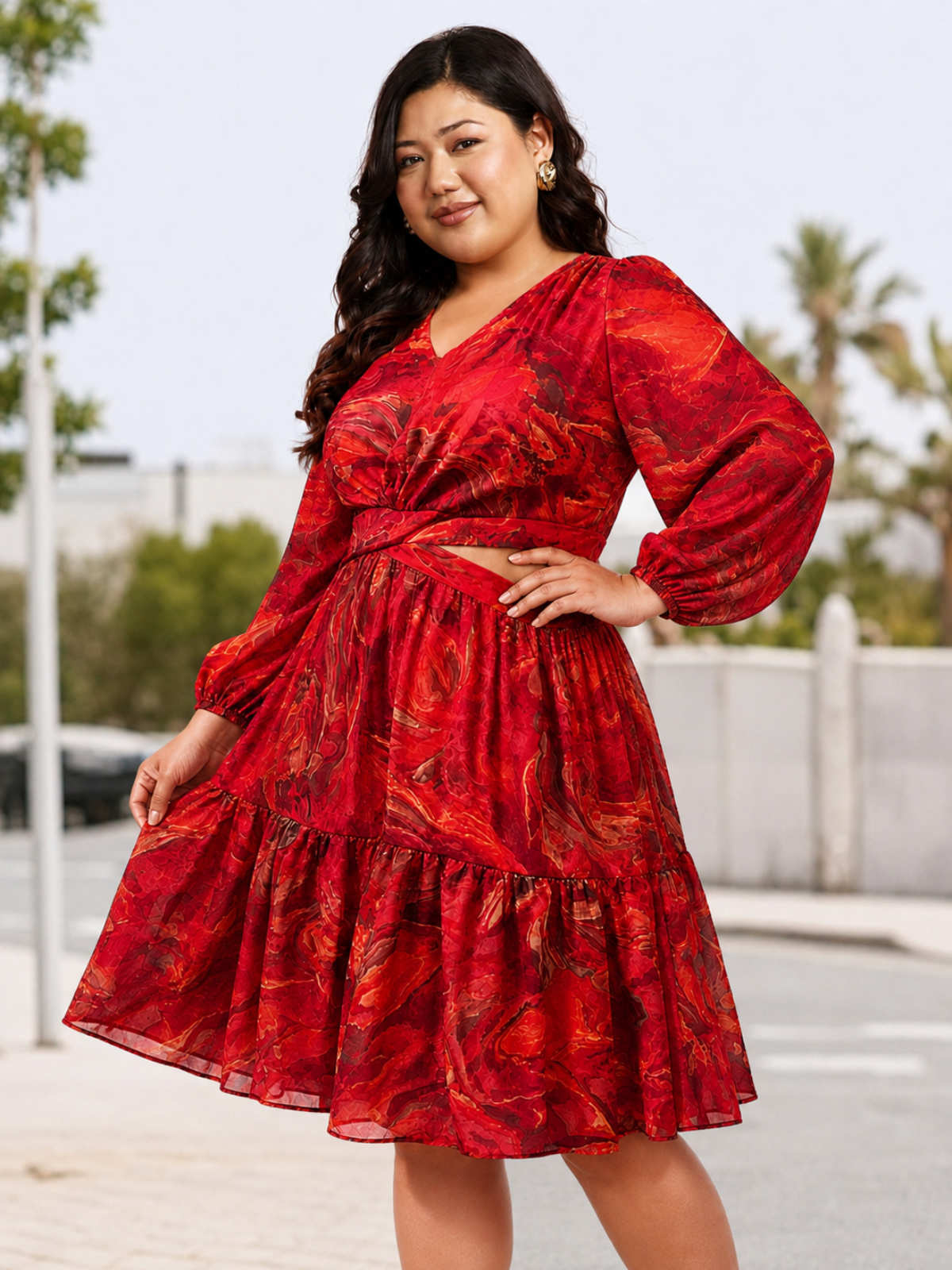 Red Plus Size Waist Cutout Dress