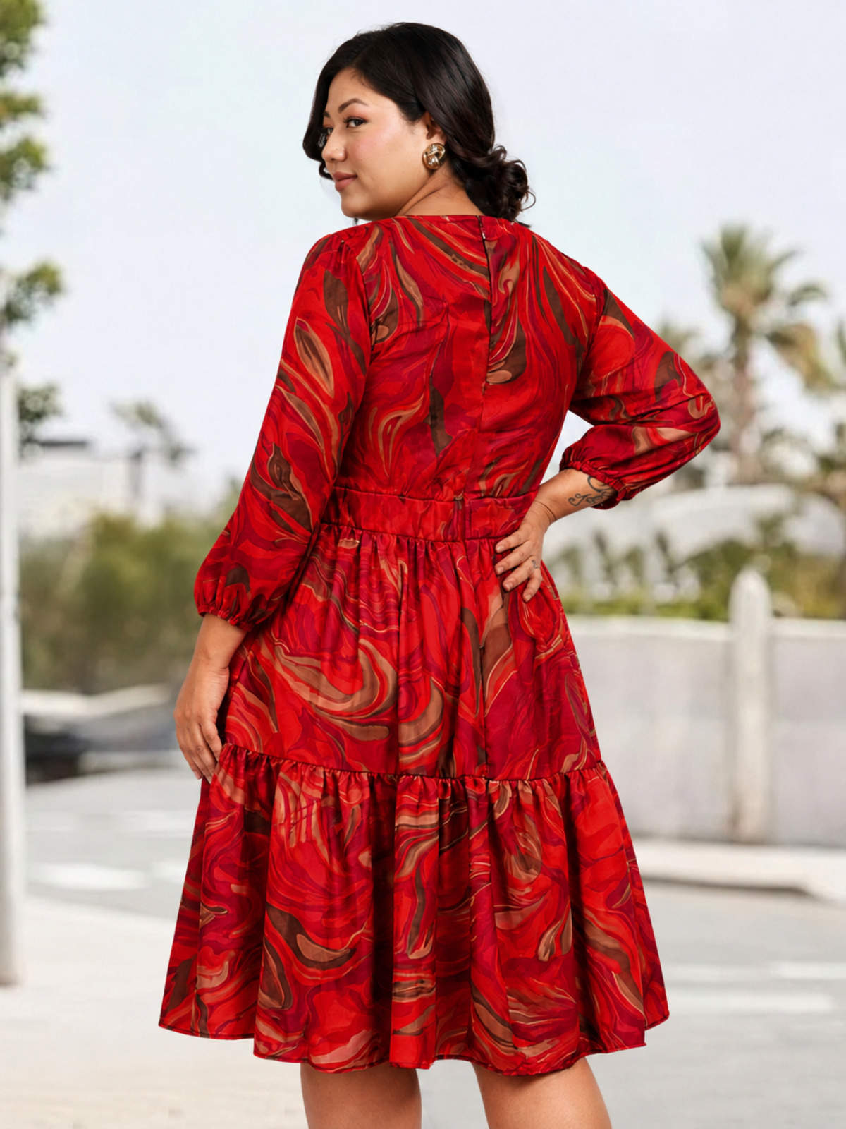 Red Plus Size Waist Cutout Dress