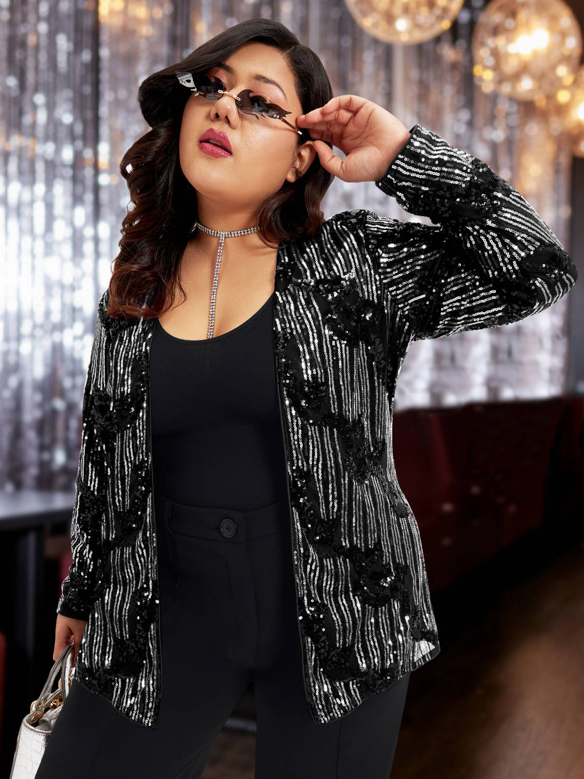 Black Silver Plus Size Sequinned Shrug