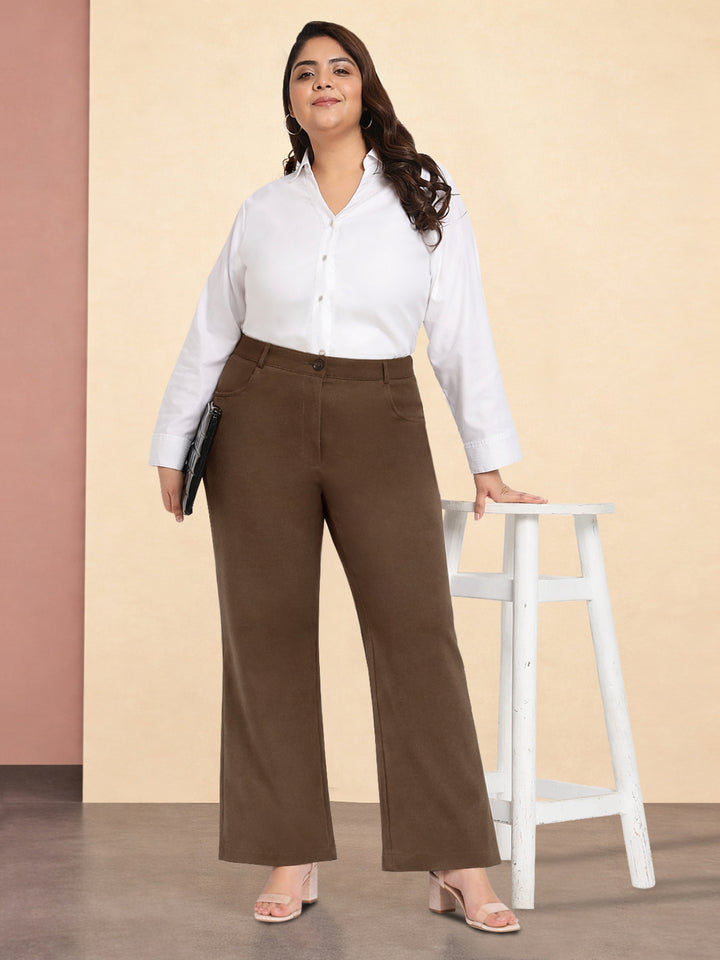 Brown Plus Size Straight Extra Stretch Trousers