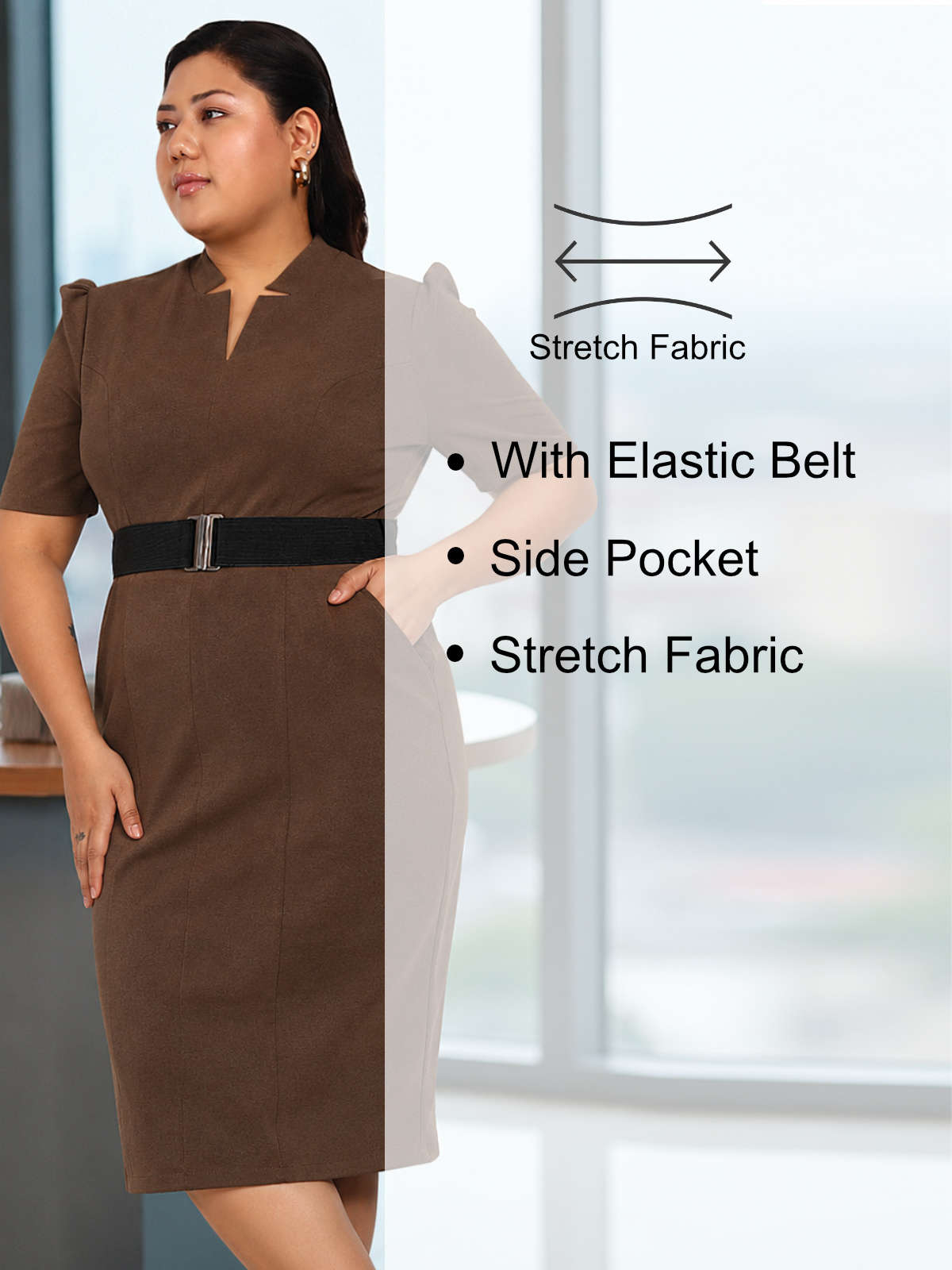 Mocha Brown Plus Size Elastic Belt Formal Dress