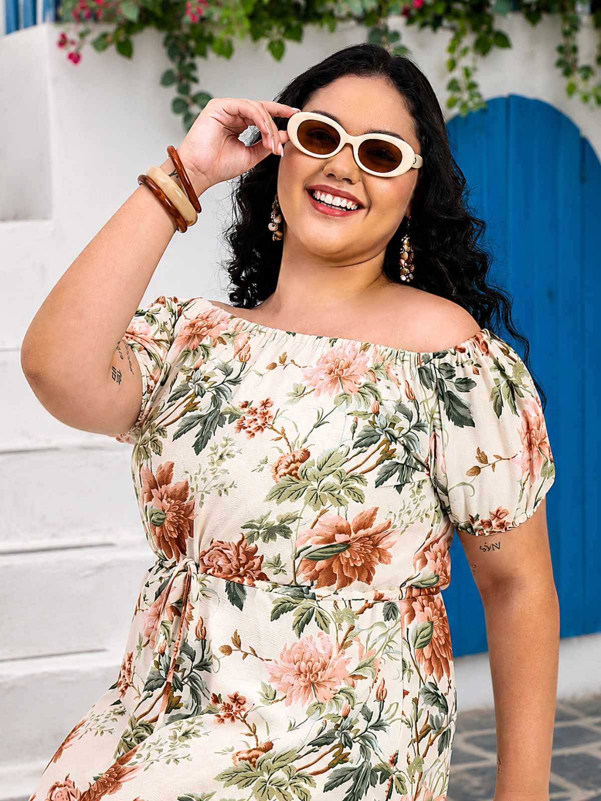 Off White Floral Plus Size Off Shoulder Midi Dress