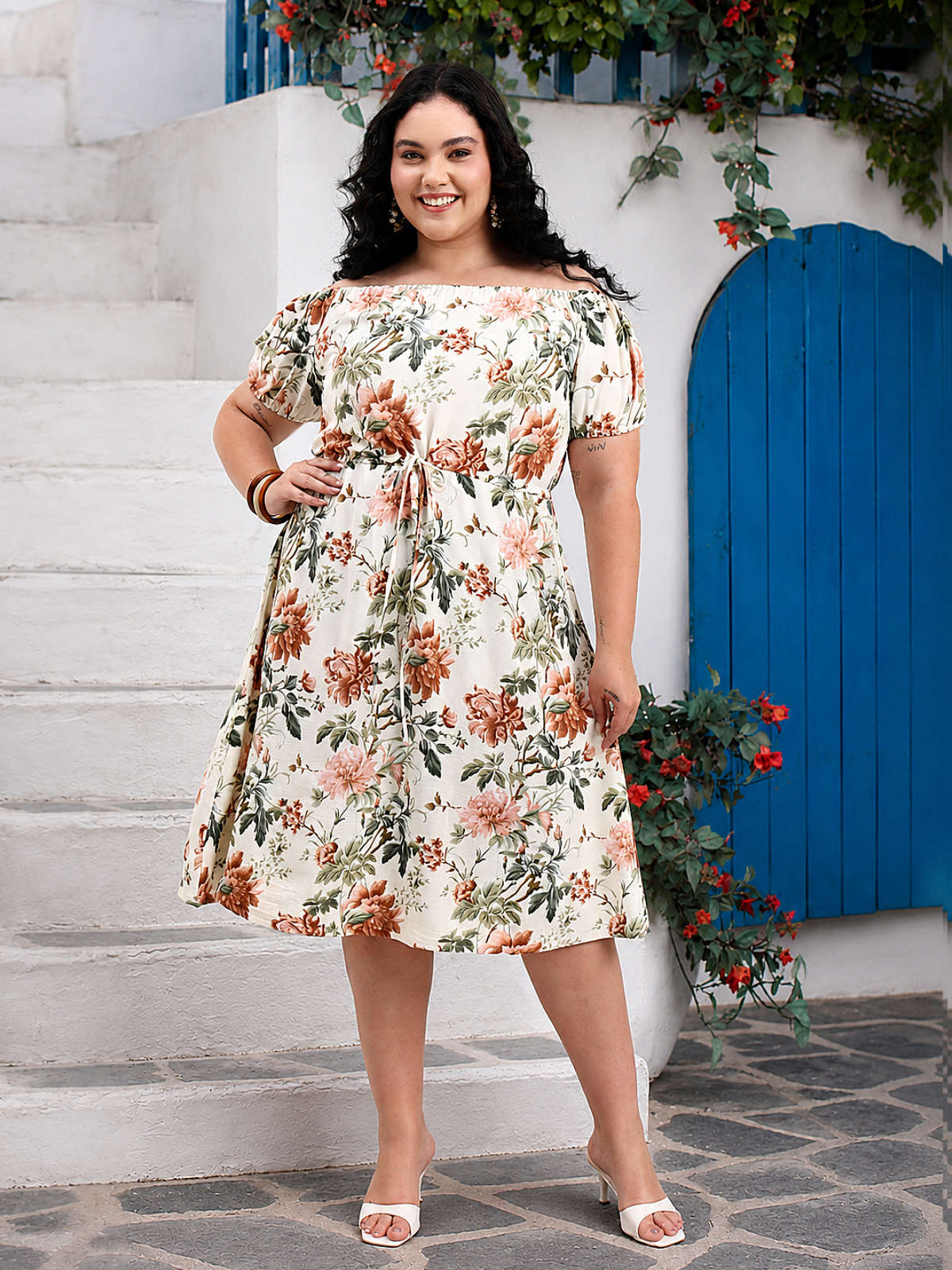Off White Floral Plus Size Off Shoulder Midi Dress
