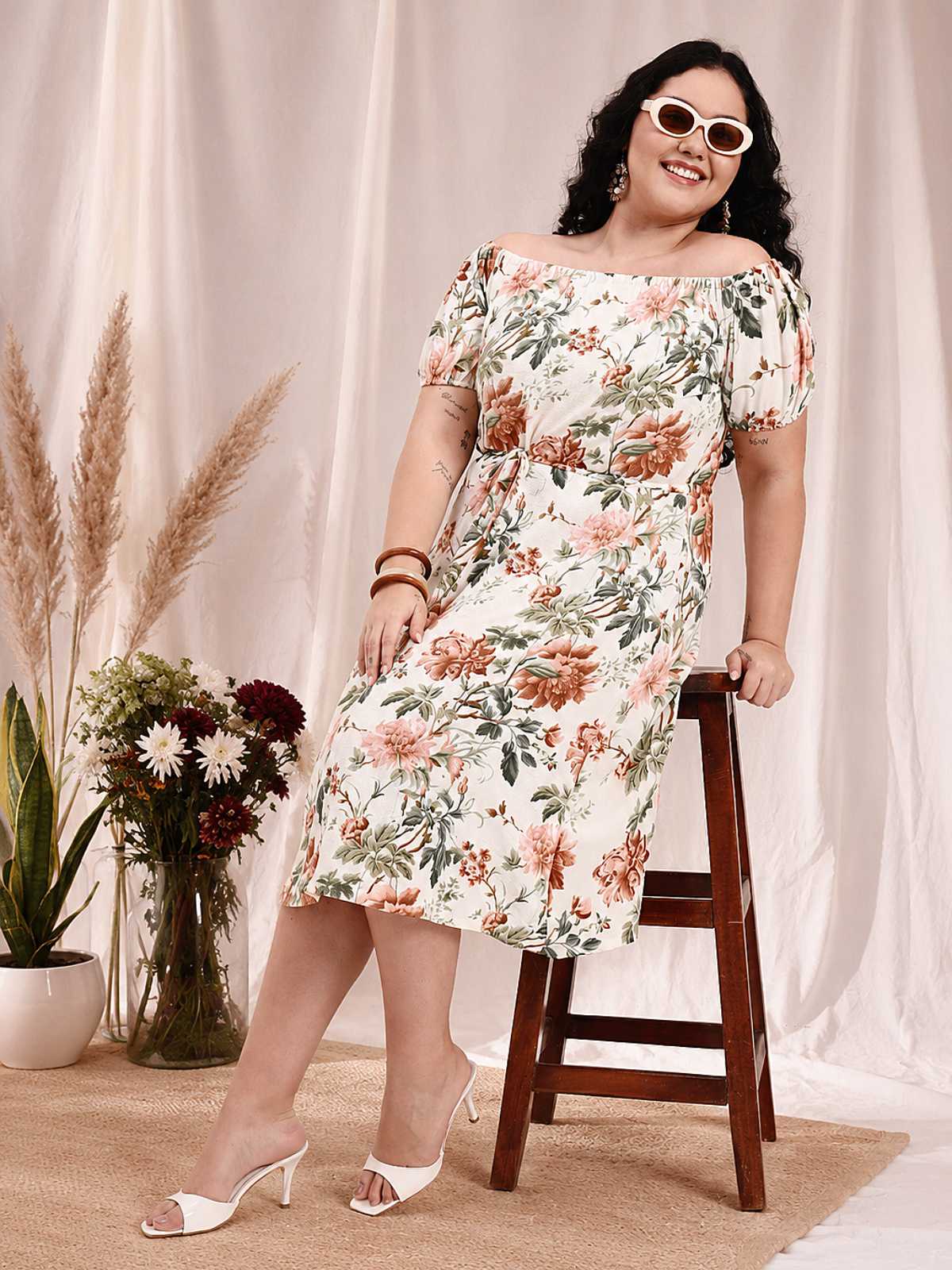 Off White Floral Plus Size Off Shoulder Midi Dress