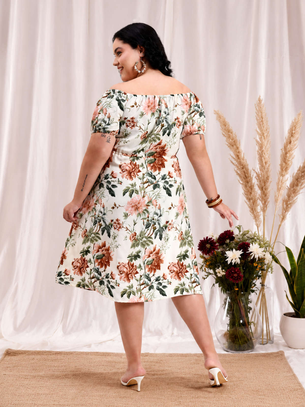 Off White Floral Plus Size Off Shoulder Midi Dress