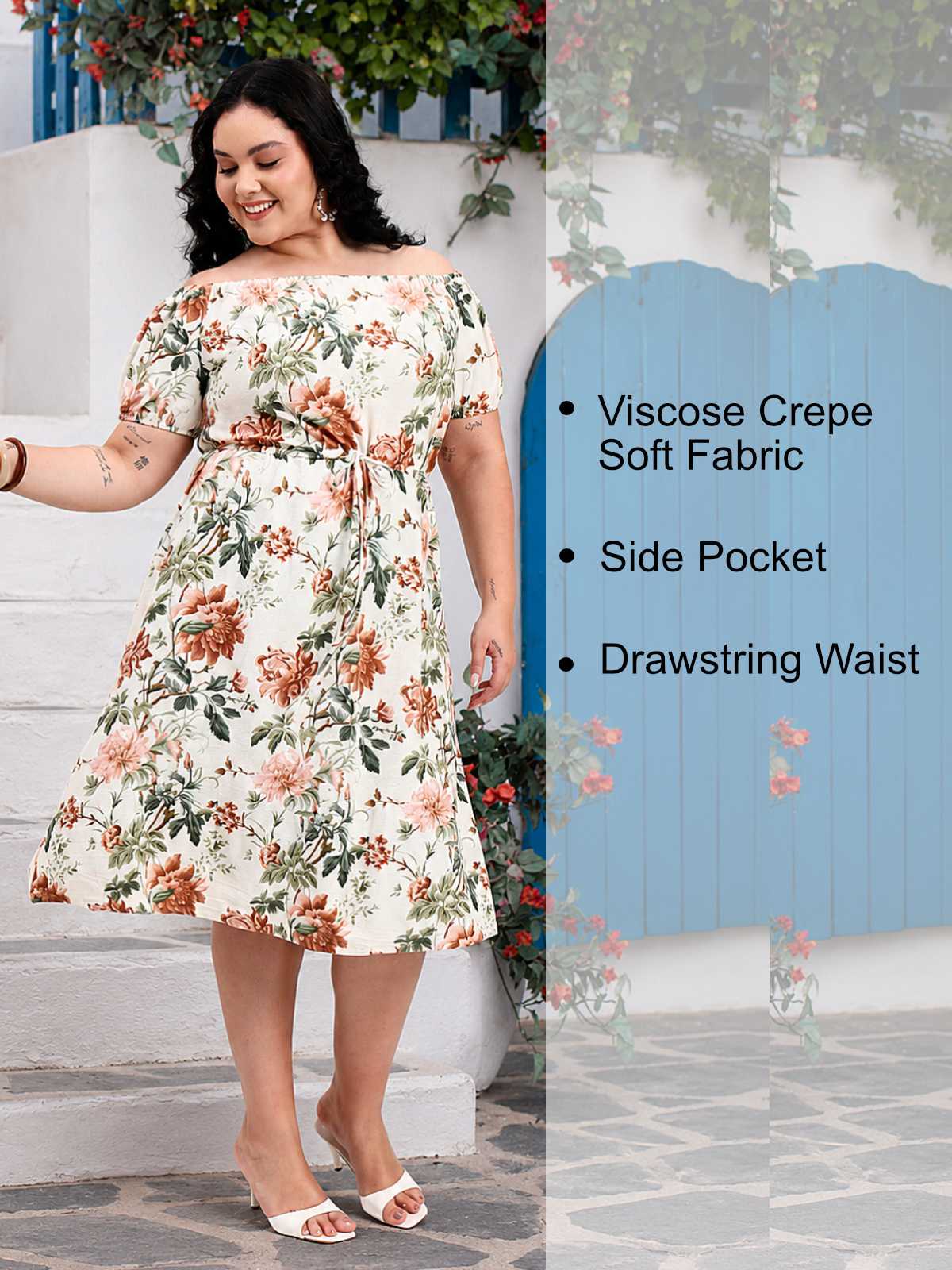 Off White Floral Plus Size Off Shoulder Midi Dress