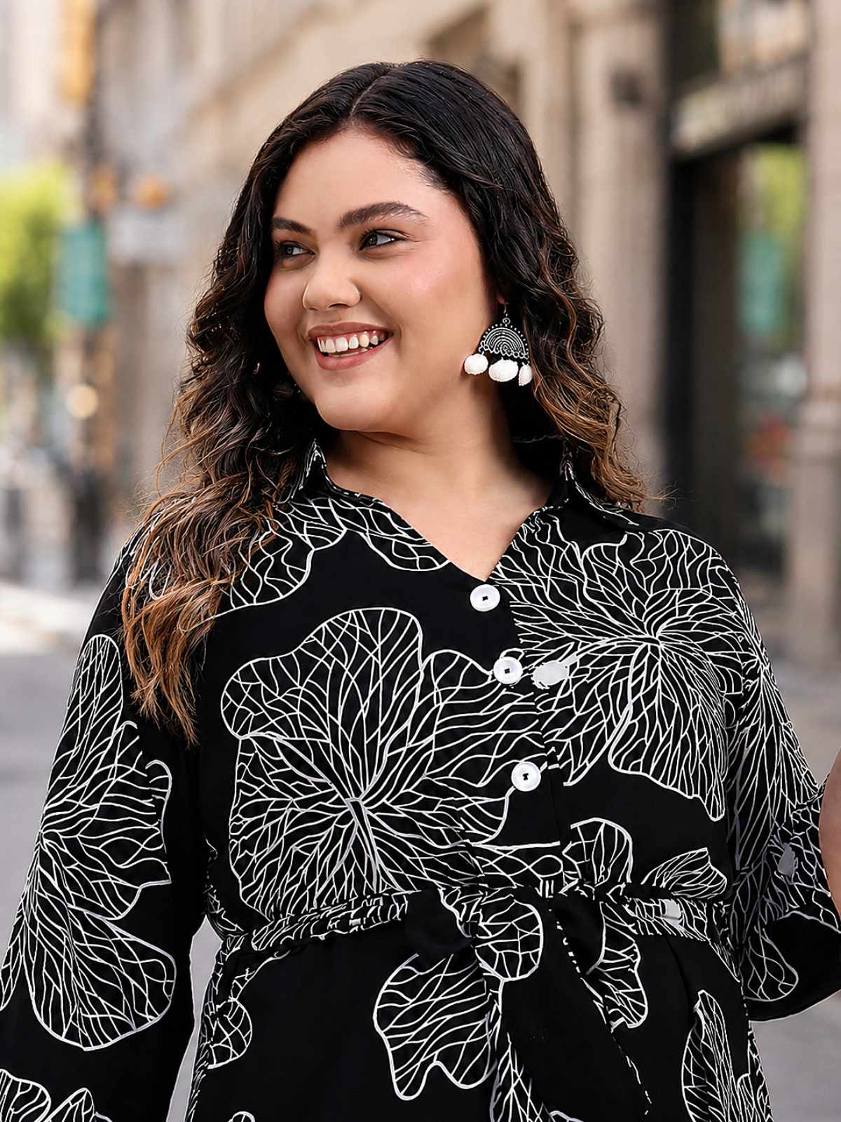 Black White Plus Size Big Floral Print Midi Dress