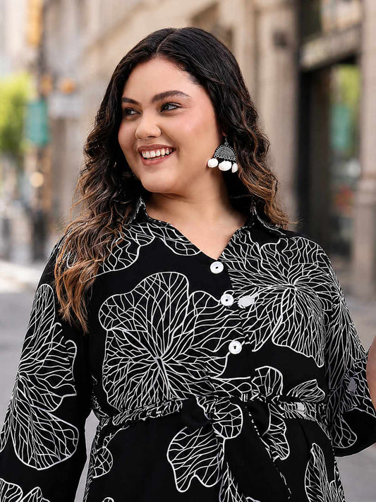 Black White Plus Size Big Floral Print Midi Dress