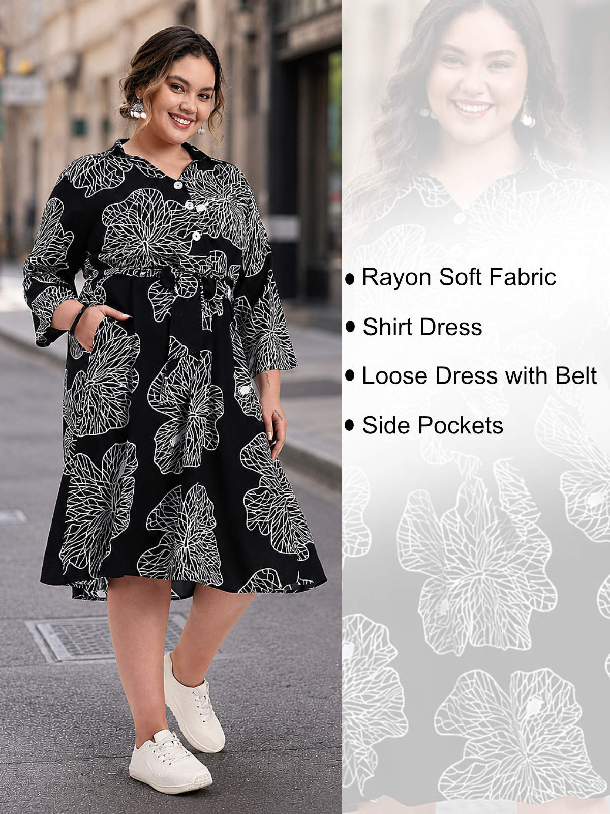 Black White Plus Size Big Floral Print Midi Dress