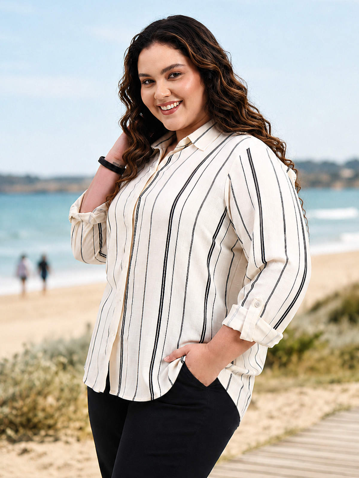 White Black Plus Size Stripe Long Casual Shirt
