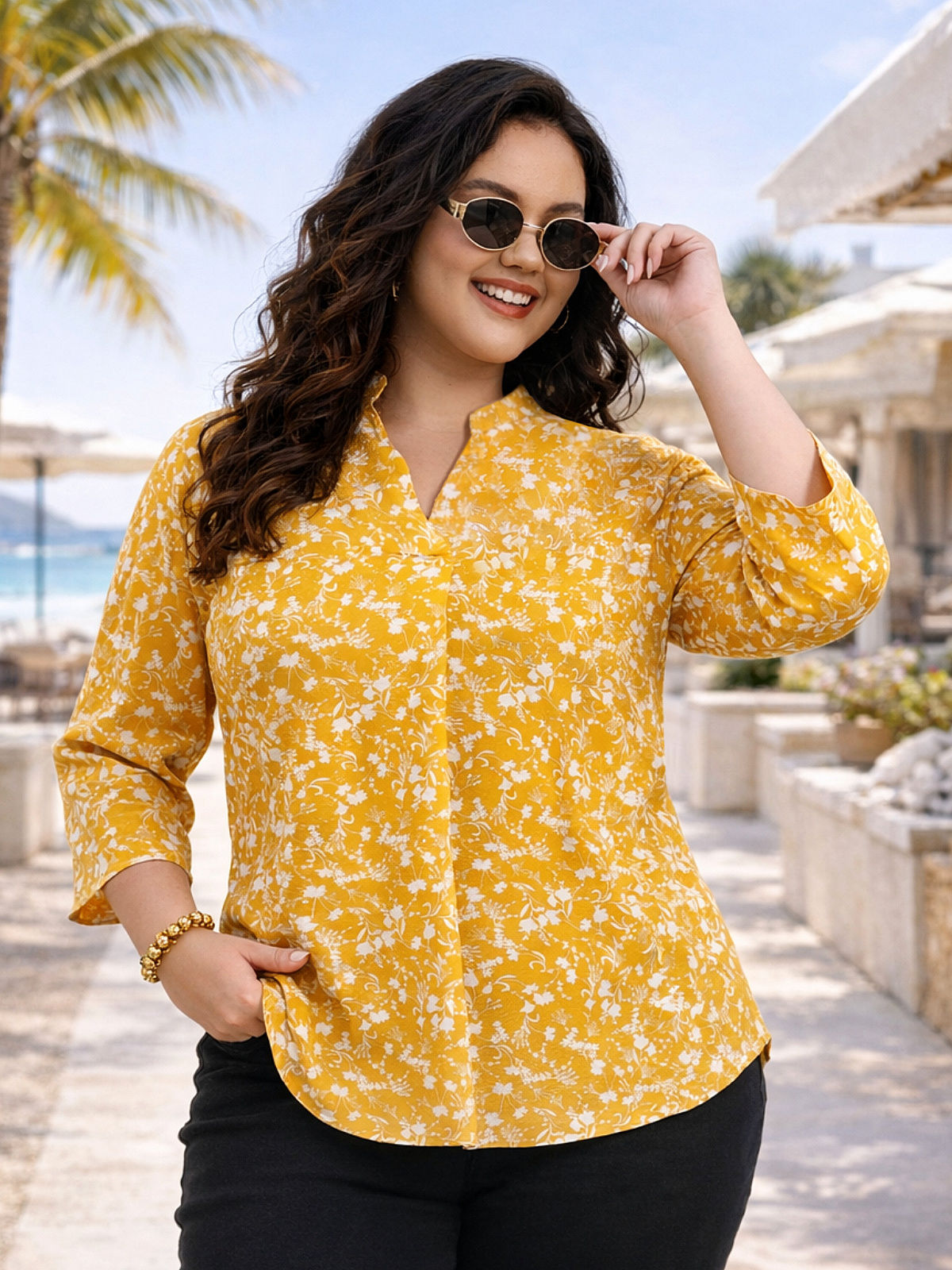 Yellow White Plus Size Floral Design Tunic Top