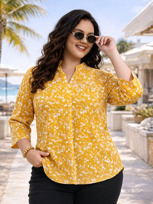 Yellow White Plus Size Floral Design Tunic Top