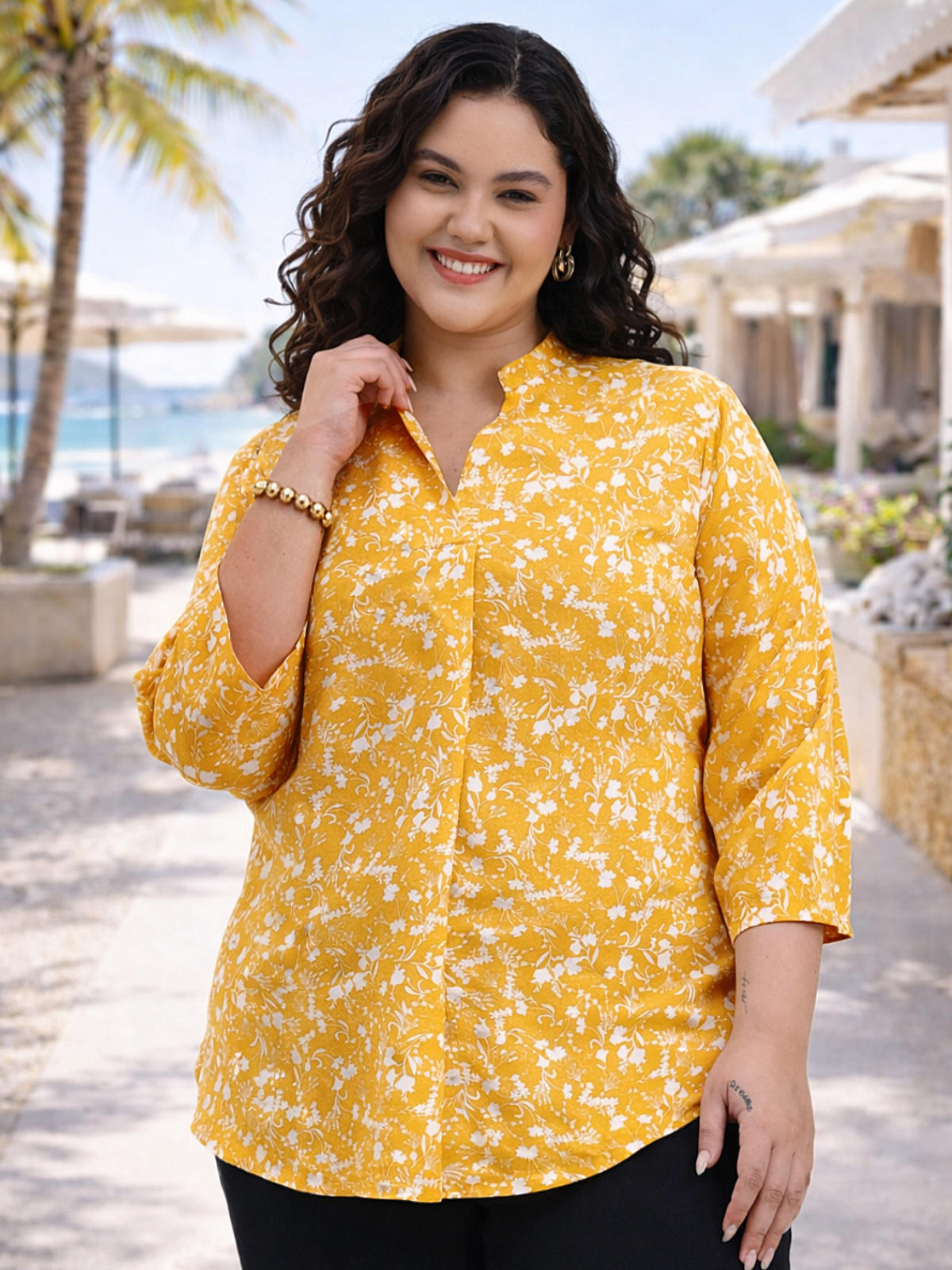Yellow White Plus Size Floral Design Tunic Top