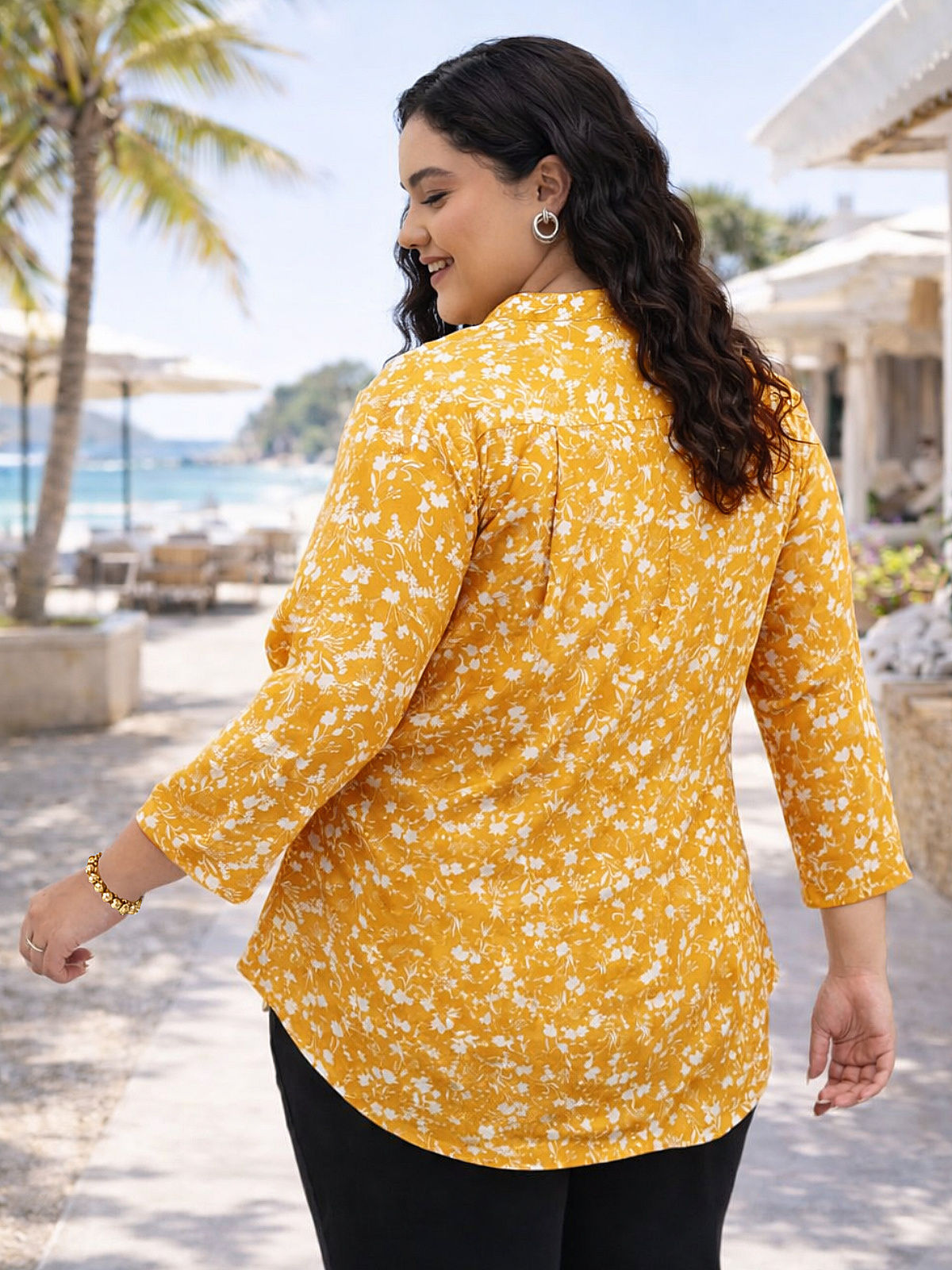 Yellow White Plus Size Floral Design Tunic Top