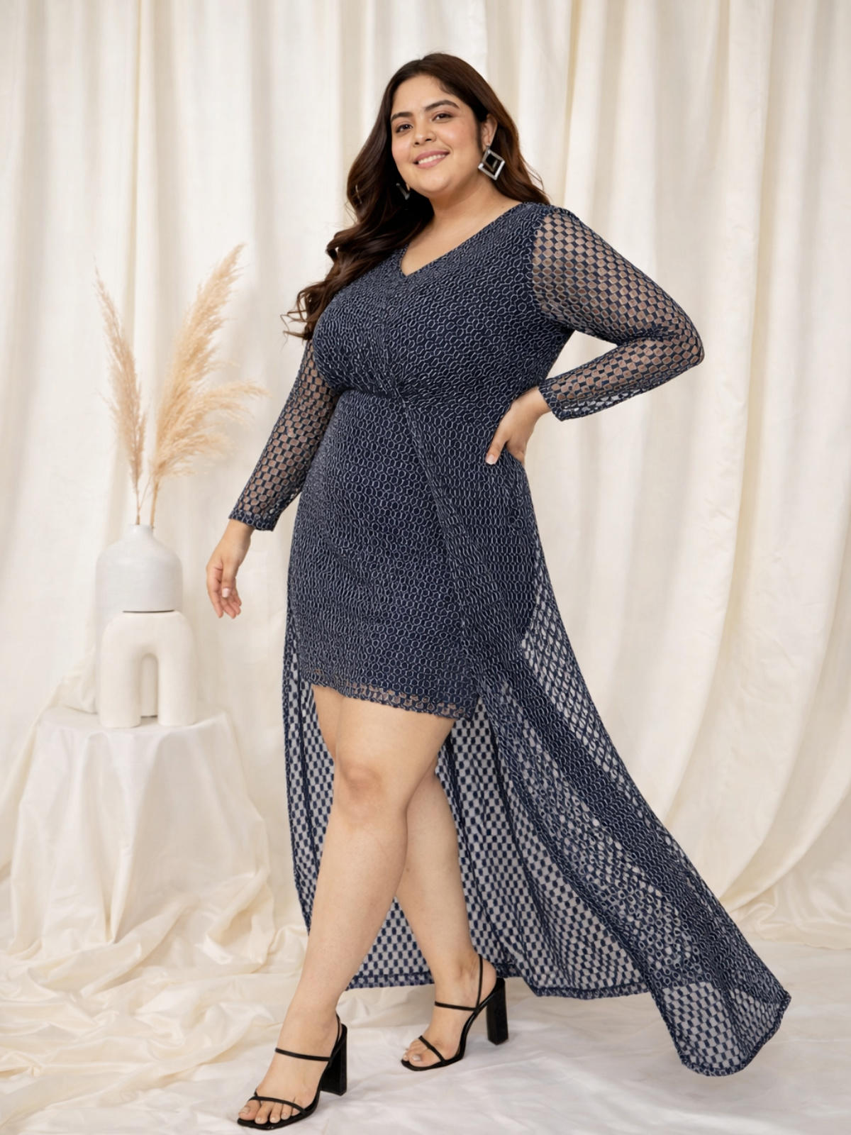 blue-plus-size-honeycomb-overlay-dress
