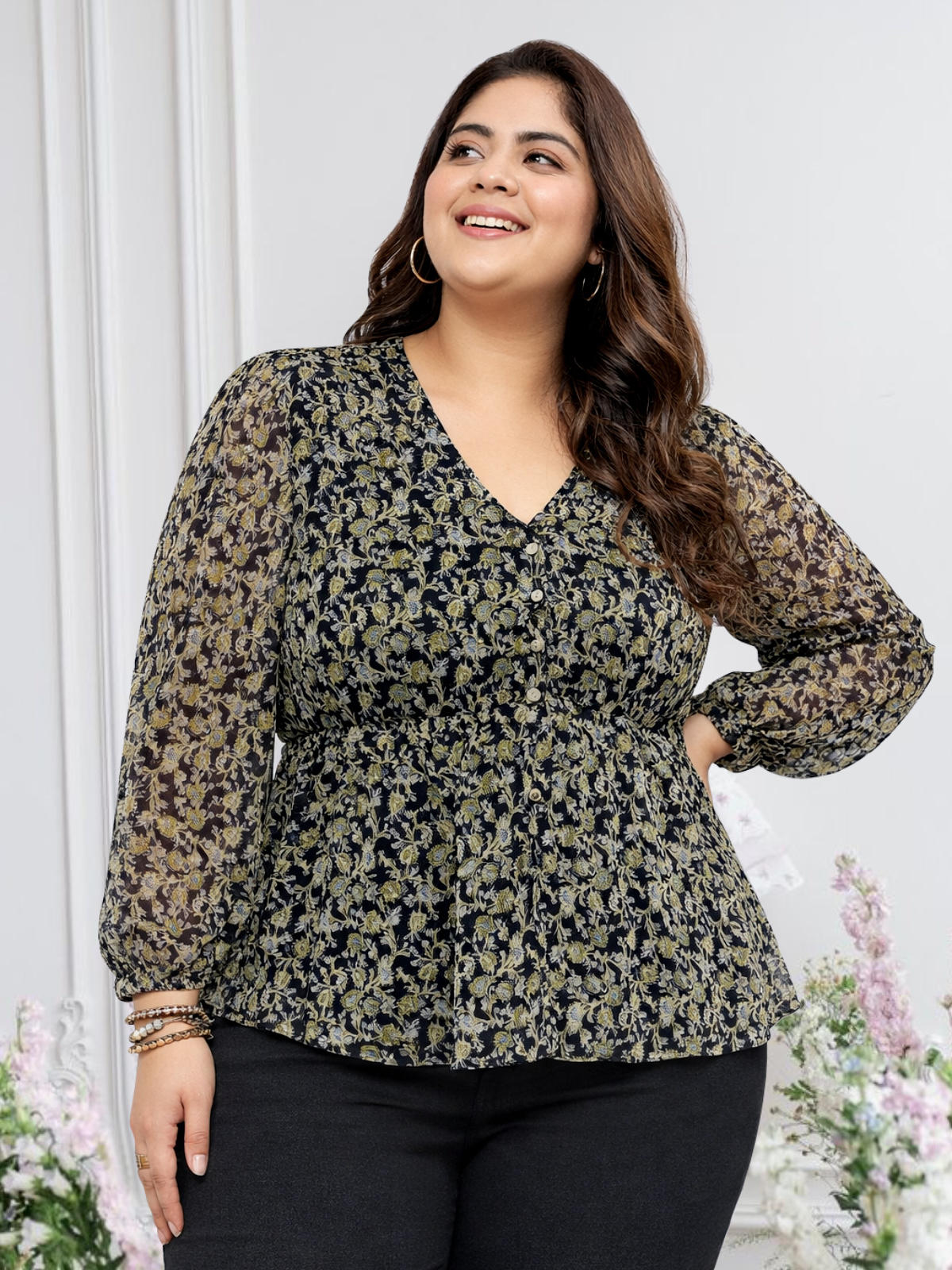 black-plus-size-dobby-printed-boho-button-top