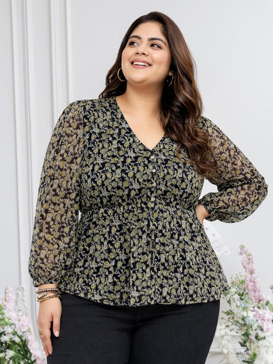 black-plus-size-dobby-printed-boho-button-top