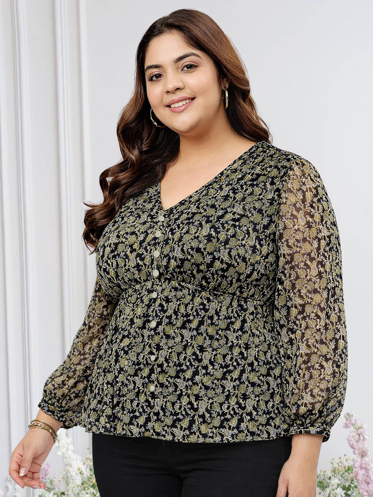 black-plus-size-dobby-printed-boho-button-top