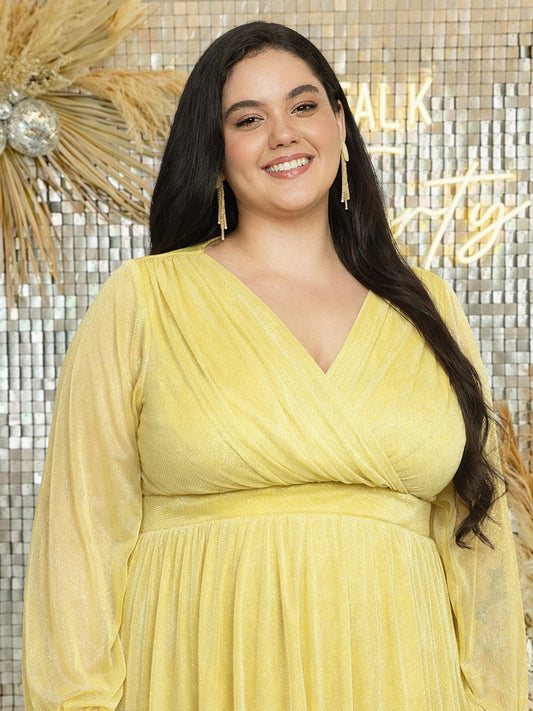 yellow-plus-size-glitter-net-dress