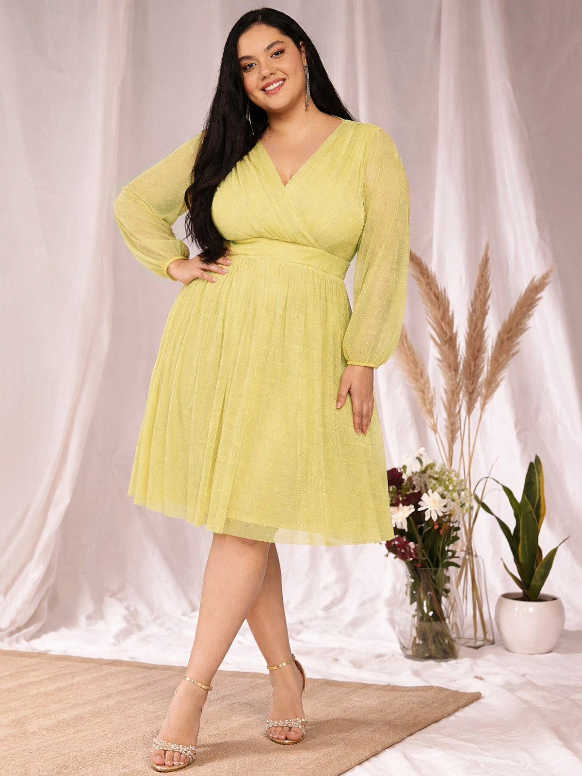 yellow-plus-size-glitter-net-dress
