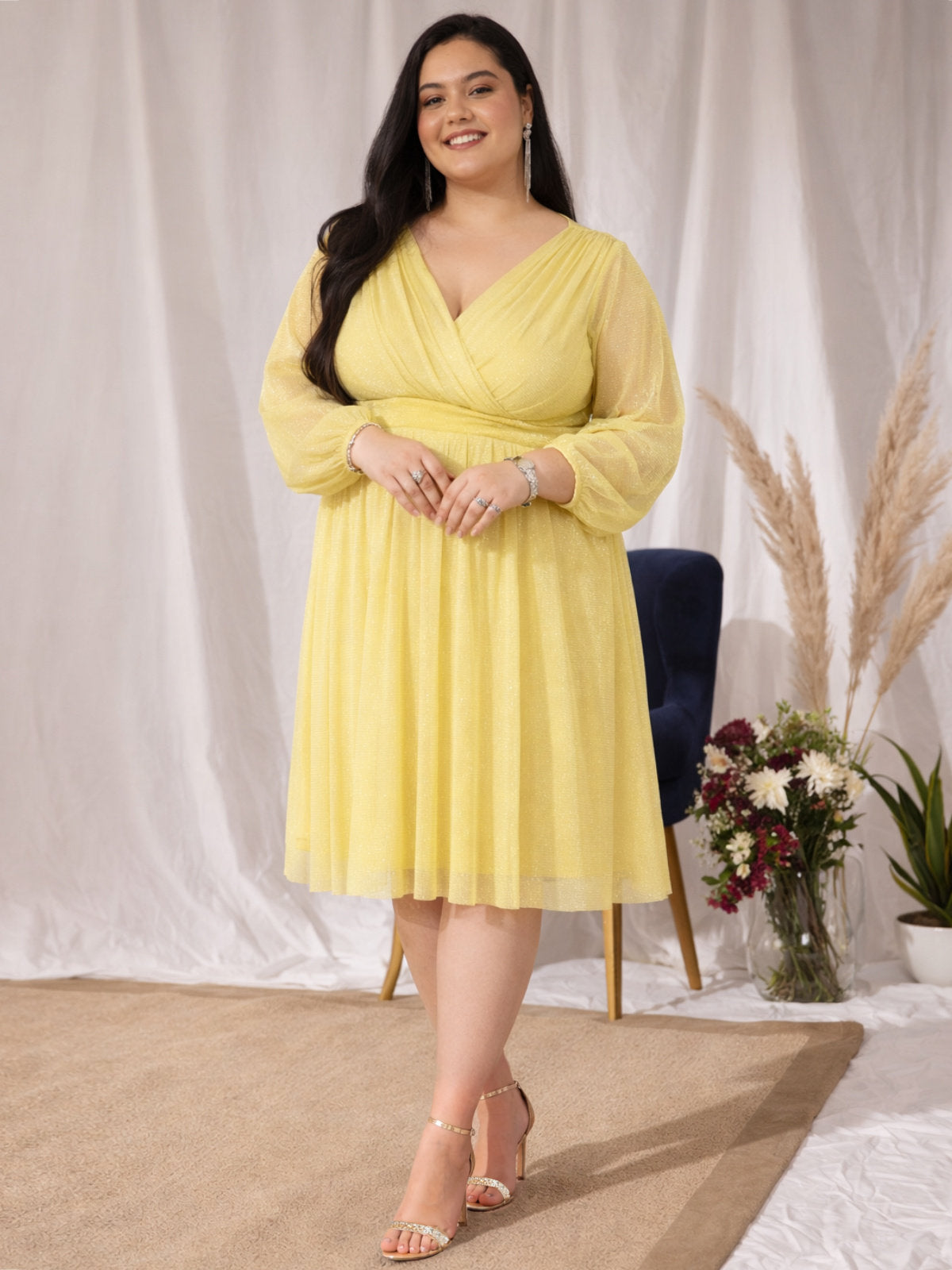 Yellow Plus Size Glitter Net Dress
