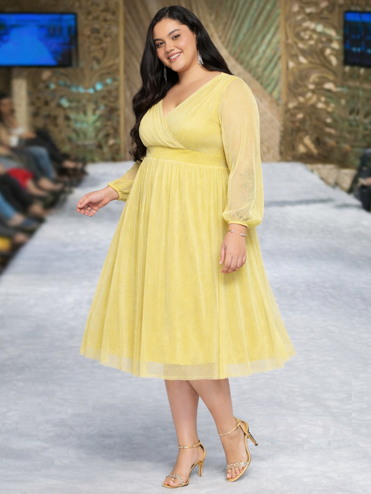 Yellow Plus Size Glitter Net Dress