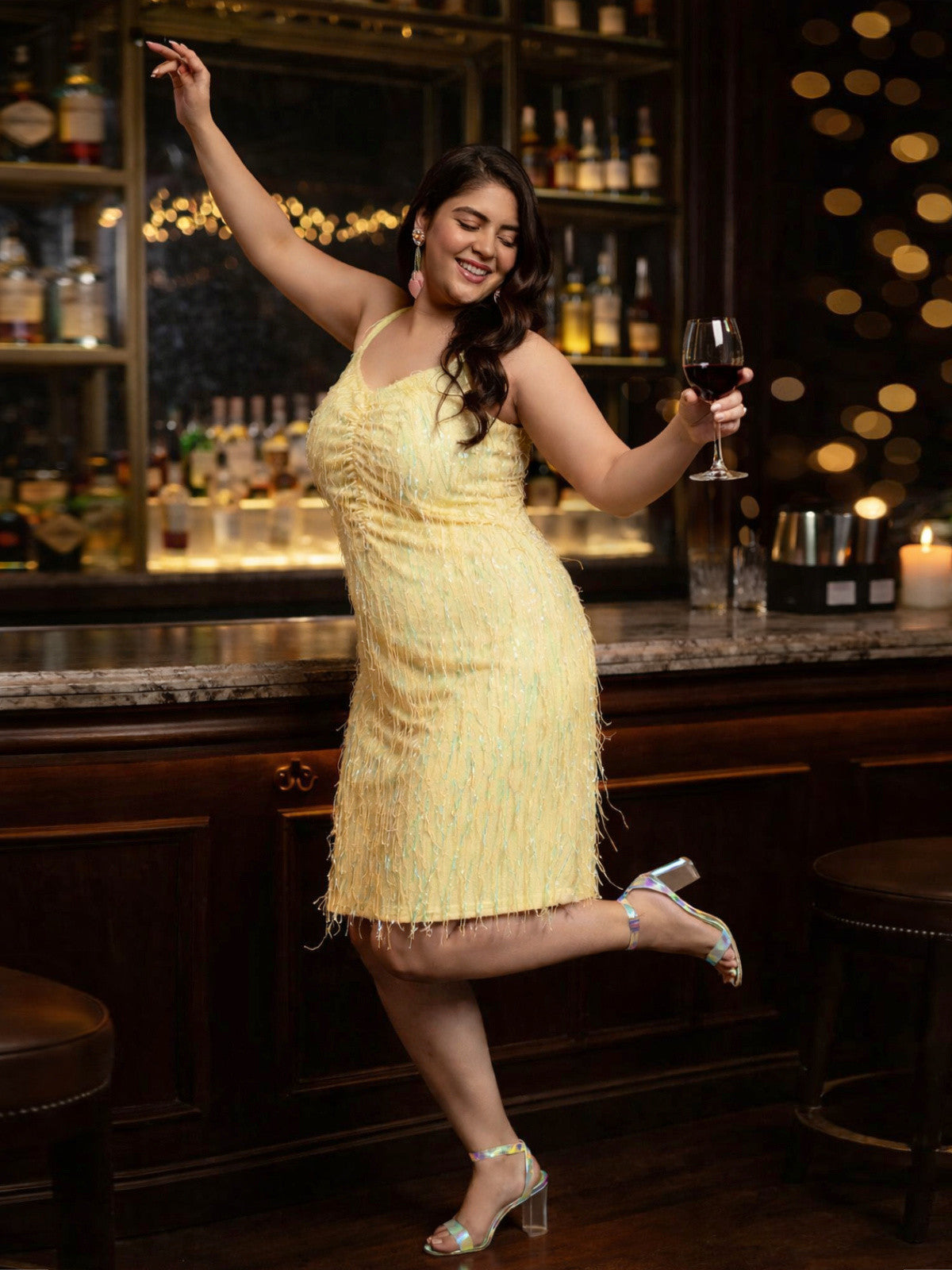 lemon-yellow-plus-size-hanging-sequin-ruched-dress