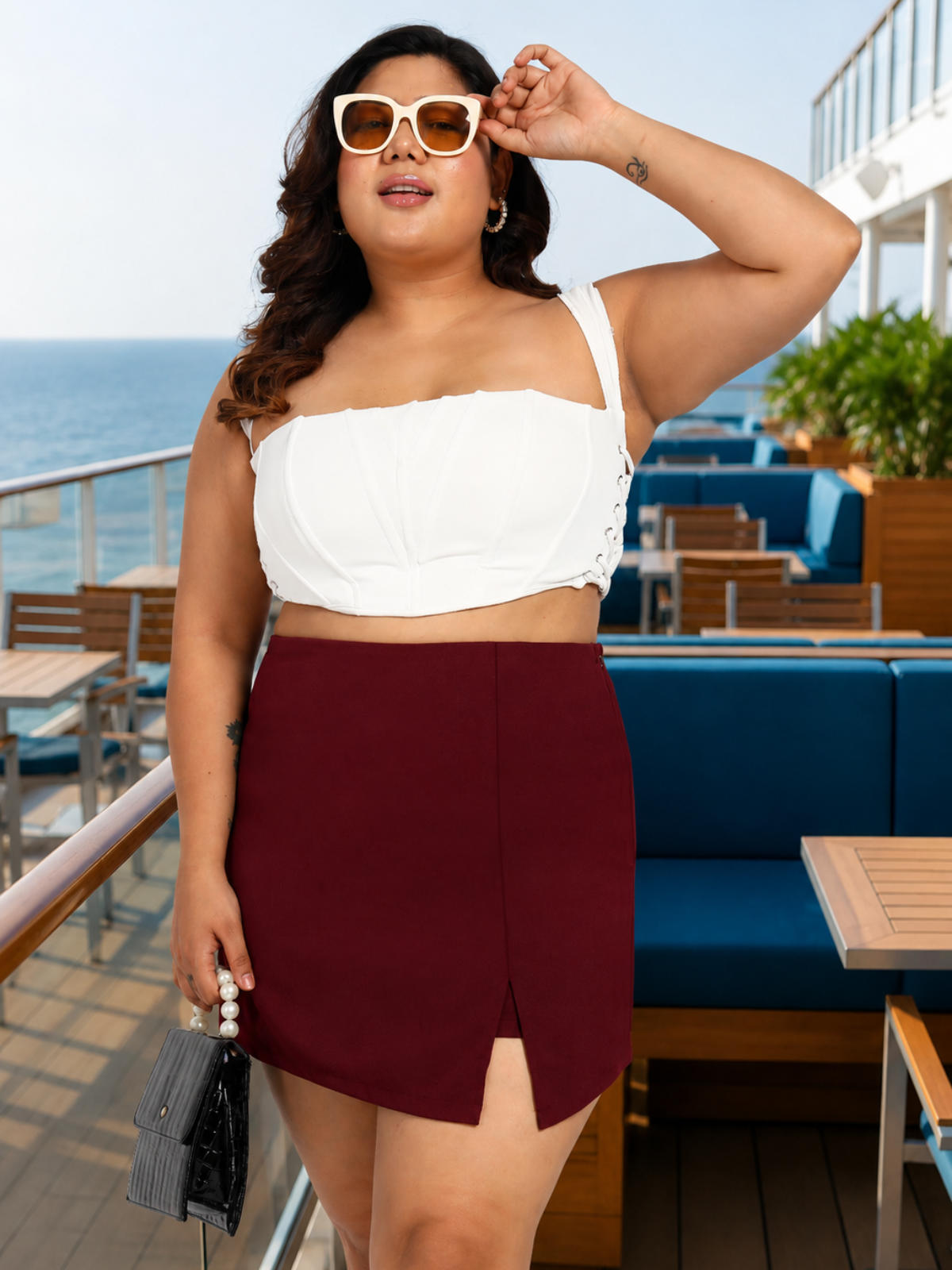 Maroon Plus Size Side Slit Skort